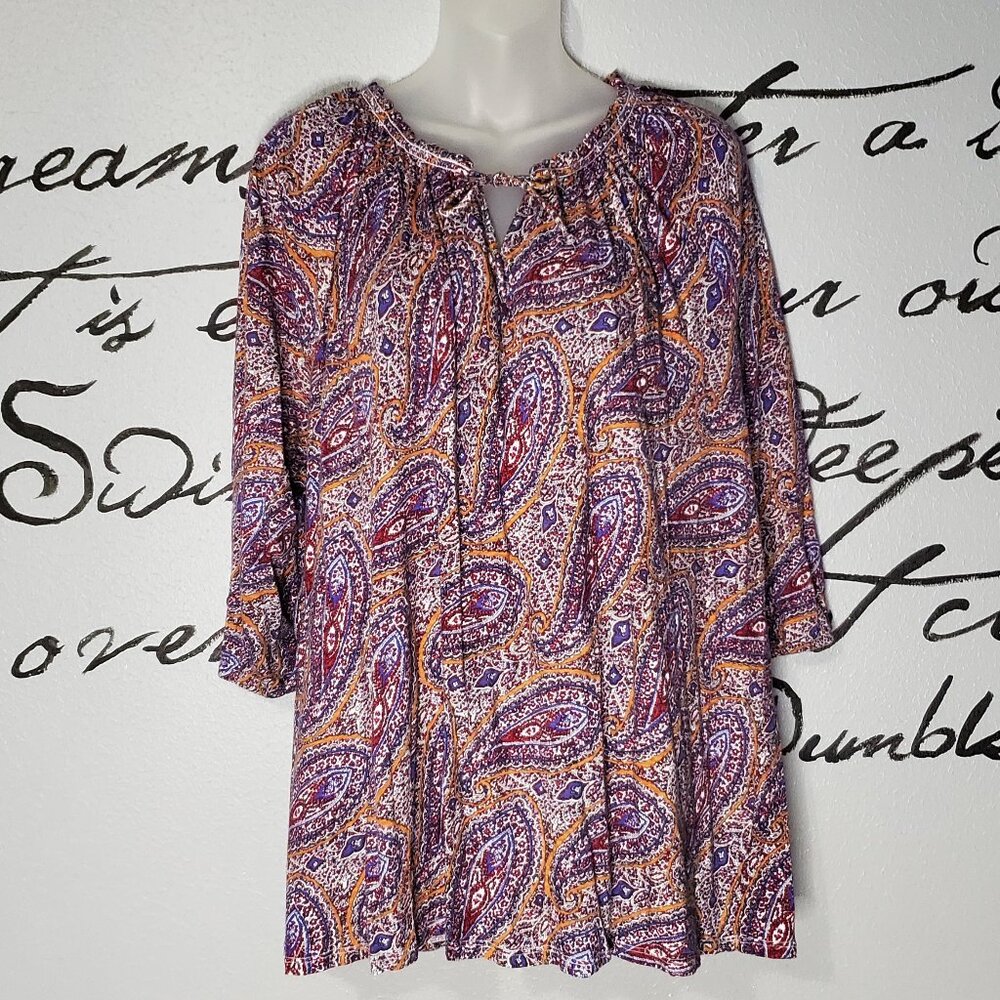 Lucky Brand Plus Size Purple & Orange Paisly Long Sleeve Stretch Tunic, 2X